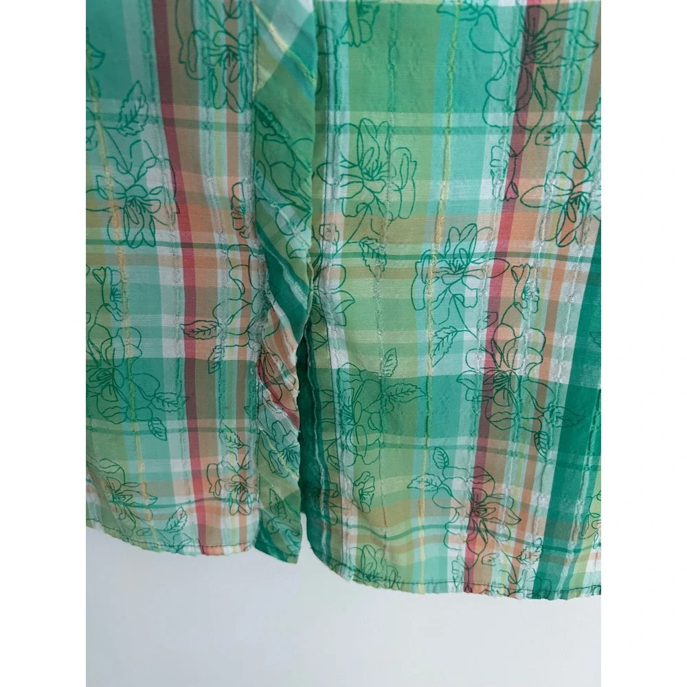 Alia Women Green Plaid Floral Button Up Shirt Short Sleeve Tab Textured Top - Picture 8 of 9